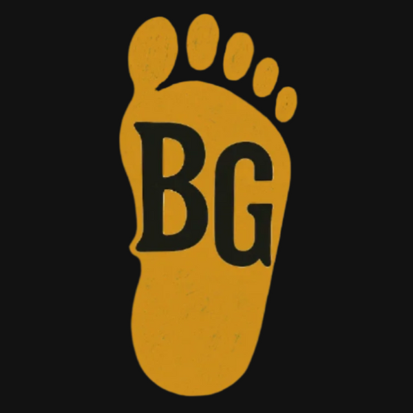 Yellow footprint icon with 'BG' letters on a black background